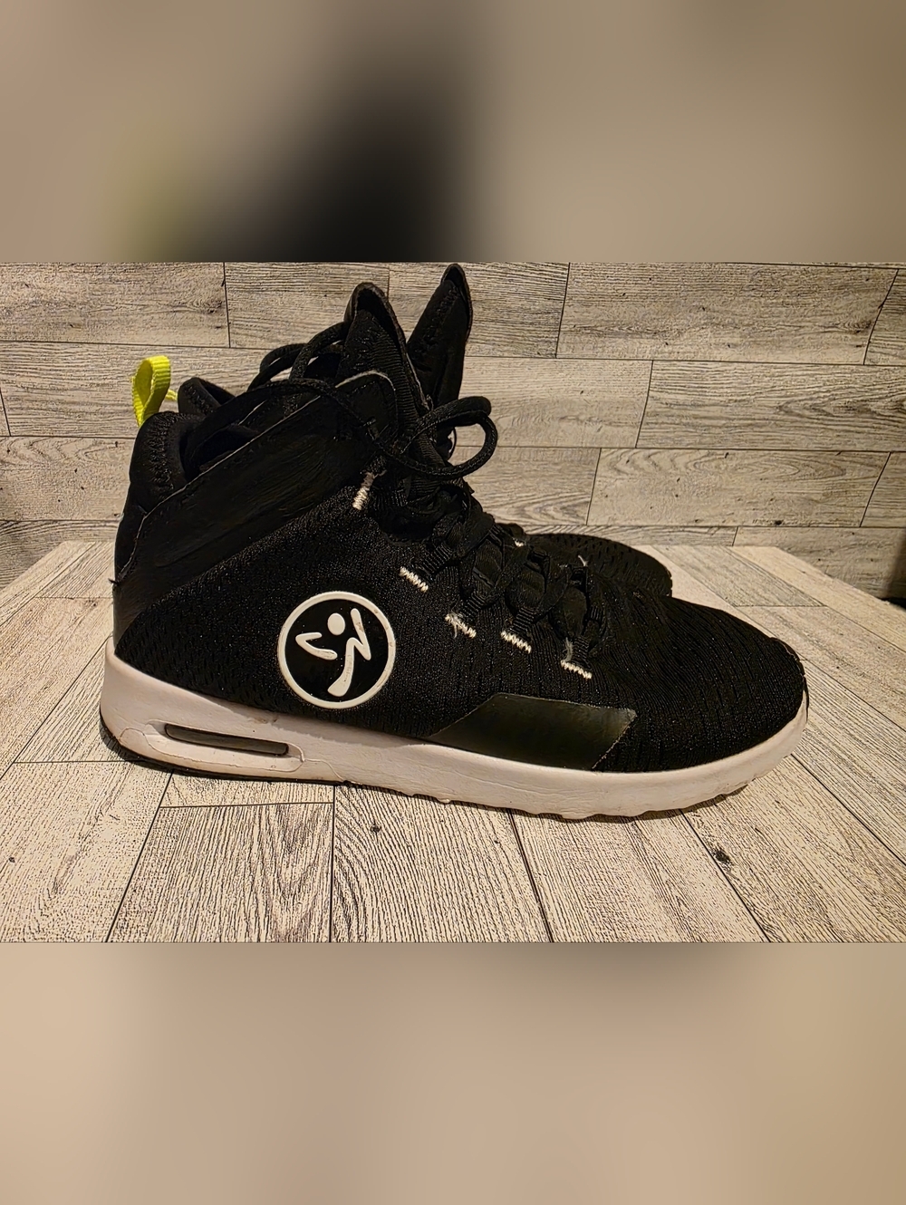 Zumba Fitness Black High-Top Sneakers with White Sole and Neon Yellow Pull Tab